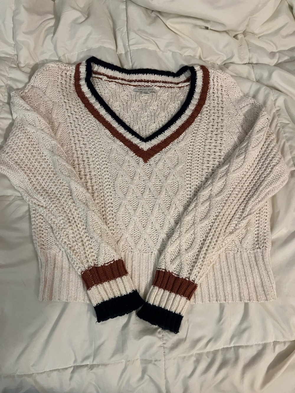American Eagle Outfitters Cream Cable-Knit V-Neck Sweater with Navy & Rust Trim